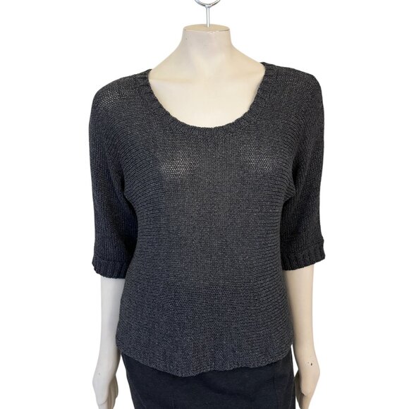 EILEEN FISHER Open Knit Dolman Sleeve Sweater in Metallic Charcoal SZ M - Picture 2 of 11